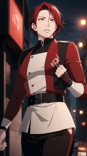 Anime-style Image of A Skillful 25-Year-Old Japanese Male Secret Agent, (Wavy Short Crimson Hair:1.2), (Pale Skin), (Brown Eyes), (Wearing Black and Red Sleek Tactical Outfit:1.4), (Modern City Road at Night:1.4), (Walking Pose:1.4), (Waist-Up Shot:1.4), (View From Front:1.2), Realistic Lighting, Intricate Face Detail, Intricate Hand Details, Vibrant Colors, Highly Detailed, High Definition, Trending on Artstation--style raw,castlevania style