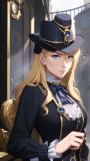 Anime-Style Image of An Elegant 28-Year-Old British Female Detective, (Long Wavy Blonde Hair), (Sapphire Blue Eyes with Monocle:1.2), (Fair Skin), (Dressed in Black and Yellow Victorian Detective Garb with Hat:1.4), (Foggy London Streets:1.2), (Elegant Pose:1.2), (Waist Up Shot), (View From Front), Realistic Lighting, Intricate Face Detail, Intricate Hand Details, Vibrant Colors, Highly Detailed, High Definition, Trending on Artstation--style raw,arcane style