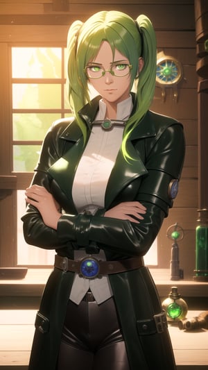 Anime-Style Image of A Passionate 25-Year-Old Female Alchemist, (High Twintail Lime Green Hair:1.4), (Emerald Eyes), (Fair Skin), (Wearing Medieval Alchemist's Black Leather Coat with Glasses:1.4), (Alchemy Lab Room, Full of Chemicals:1.2), (Crossed Arms Pose), (Waist Up Shot), (View From Front), Realistic Lighting, Intricate Face Detail, Intricate Hand Details, Vibrant Colors, Highly Detailed, High Definition, Trending on Artstation--style raw,arcane style