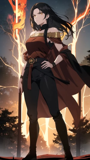 Anime-style Image of A Powerful 25-Year-Old Greek Female Fire Mage, (Messy Shoulder-length Black Hair:1.4), (Yellow Eyes), (Fair Skin), (Wearing Red and Black Ornated Robe and Black Tight Pants:1.4), (Fiery Forest at Night:1.4), (Standing Pose:1.2), (Waist-Up Shot:1.4), (View From Front:1.2), Realistic Lighting, Intricate Face Detail, Intricate Hand Details, Vibrant Colors, Highly Detailed, High Definition, Trending on Artstation--style raw,castlevania style