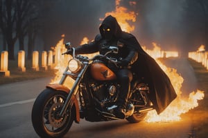 (One Person), (Image of a Headless Horseman Riding a Harley Davidson Motorcycles:1.4), (Headless:1.2), (Orange Flame:1.6), (Wearing Black Torn Rider Outfit:1.4), (Holding a Flaming Skull:1.4), (Dimly Lit Cemetery Road at Night:1.6), Centered, (Full Body Shot:1.4), From Front Shot, Intricate Hand Details, Cinematic Shot and Lighting, Realistic Colors, Masterpiece, Sharp Focus, Ultra Detailed, Taken with DSLR camera, Realistic Photography, Depth of Field, Incredibly Realistic Environment and Scene, Master Composition and Cinematography, hallow33n