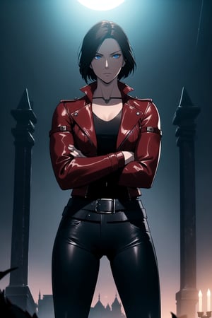 (A Gorgeous 25-Year-Old British Female Mercenary), (Wavy Bobcut Black Hair), (Pale Skin), (Blue Eyes), (Wearing Red Leather Jacket, Black V-Neck Undershirt, and Black Tight Pants:1.4), (Moonlit City Road at Night), (Crossed Arms Pose:1.4), Centered, (Waist-up Shot:1.4), (From Front Shot:1.2), Insane Details, Intricate Face Detail, Intricate Hand Details, Cinematic Shot and Lighting, Realistic and Vibrant Colors, Masterpiece, Sharp Focus, Ultra Detailed, Realistic Drawing, Depth of Field, Incredibly Realistic Environment and Scene, Master Composition and Cinematography, castlevania style,castlevania style