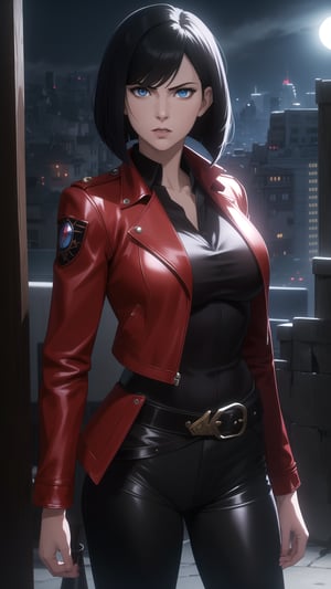 Anime-Style Image of A Gorgeous 25 Years Old British Female Vampire Mercenary, (Unkempt Bobcut Black Hair), (Pale Skin), (Blue Eyes), (Serious Face), (Wearing Red Leather Jacket, Black V-Neck Inner Shirt, and Black Tight Pants), (Moonlit City Buildings at Night), (Standing Pose), (Waist Up Shot), (View From Front), Realistic Lighting, Intricate Face Detail, Intricate Hand Details, Vibrant Colors, Highly Detailed, High Definition, Trending on Artstation--style raw,arcane style