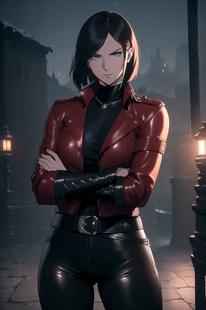 (A Gorgeous 25-Year-Old Middle-(A Gorgeous 25-Year-Old British Female Mercenary), (Wavy Bobcut Black Hair), (Pale Skin), (Sapphire Blue Eyes), (Wearing Red Leather Jacket, Black V-Neck Undershirt, and Black Tight Pants:1.4), (Moonlit City Road at Night), (Crossed Arms Pose:1.4), Centered, (Waist-up Shot:1.4), (From Front Shot:1.2), Insane Details, Intricate Face Detail, Intricate Hand Details, Cinematic Shot and Lighting, Realistic and Vibrant Colors, Masterpiece, Sharp Focus, Ultra Detailed, Realistic Drawing, Depth of Field, Incredibly Realistic Environment and Scene, Master Composition and Cinematography, castlevania style,castlevania style