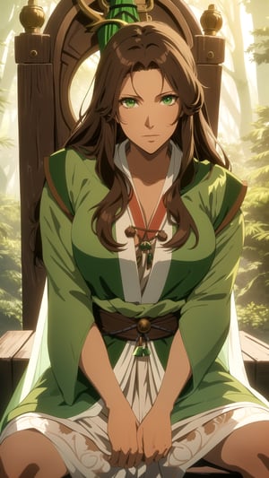 Anime-style Image of A Gorgeous 25 Years Old Female Forest Shaman, (Messy Long Brunette Hair:1.2), (Tanned Skin:1.2), (Green Eyes), (Wearing Green and Brown Forest Shaman Robe:1.4), (Pine Forest at Noon:1.2), (Sitting on Wooden Throne:1.4), (Waist-Up Shot), (View From Front:1.2), Realistic Lighting, Intricate Face Detail, Intricate Hand Details, Vibrant Colors, Highly Detailed, High Definition, Trending on Artstation--style raw,castlevania style