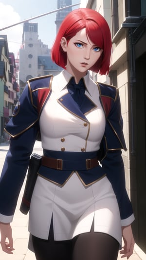 Anime-Style Image of A Gorgeous 20-Year-Old British Female Vampire Slayer, (Wavy Bobcut Red Hair), (Pale Skin), (Blue Eyes), (Wearing White and Blue Tactical Assassin Outfit), (Modern City Road at Noon), (Walking Pose), (Waist Up Shot), (View From Front), Realistic Lighting, Intricate Face Detail, Intricate Hand Details, Vibrant Colors, Highly Detailed, High Definition, Trending on Artstation--style raw,arcane style