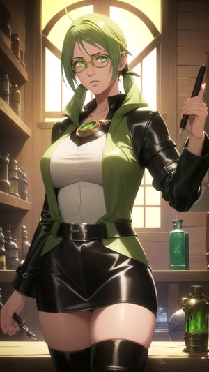 Anime-Style Image of A Passionate 25-Year-Old Female Alchemist, (High Twintail Lime Green Hair:1.4), (Dark Green Eyes), (Fair Skin), (Wearing Medieval Alchemist's Black Leather Coat with Glasses:1.4), (Alchemy Lab Room, Full of Chemicals:1.2), (Holding a Pen Pose), (Waist Up Shot), (View From Front), Realistic Lighting, Intricate Face Detail, Intricate Hand Details, Vibrant Colors, Highly Detailed, High Definition, Trending on Artstation--style raw,arcane style