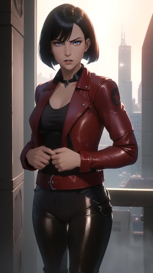 Anime-Style Image of A Gorgeous 25 Years Old British Female Vampire Mercenary, (Unkempt Bobcut Black Hair), (Pale Skin), (Blue Eyes), (Serious Face),  (Wearing Red Leather Jacket, Black V-Neck Inner Shirt, and Black Tight Pants:1.4), (Moonlit City Buildings at Night), (Dynamic Pose), (Waist Up Shot), (View From Front), Realistic Lighting, Intricate Face Detail, Intricate Hand Details, Vibrant Colors, Highly Detailed, High Definition, Trending on Artstation--style raw,arcane style