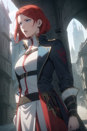 (Masterpiece, Best Quality), ((A Gorgeous 20-Year-Old British Female Vampire Slayer), (Wavy Bobcut Red Hair:1.2), (Pale Skin), (Blue Eyes), (Wearing White and Blue Tactical Assassin Outfit:1.2), (Modern City Road at Noon:1.4), (Standing Pose:1.4), Centered, (Half Body Shot:1.4), (From Front Shot:1.4), Insane Details, Intricate Face Detail, Intricate Hand Details, Cinematic Shot and Lighting, Realistic and Vibrant Colors, Sharp Focus, Ultra Detailed, Realistic Images, Depth of Field, Incredibly Realistic Environment and Scene, Master Composition and Cinematography, castlevania style,castlevania style