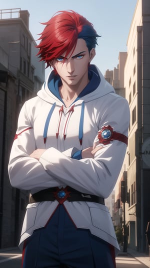 Anime-Style Image of A Handsome 25-Year-Old British Male Vampire Slayer, (Messy Short Red Hair), (Pale Skin), (Blue Eyes), (Wearing White and Blue Hooded Assassin Outfit:1.4), (Modern City Road at Noon), (Crossed Arms Pose), (Waist Up Shot), (View From Front), Realistic Lighting, Intricate Face Detail, Intricate Hand Details, Vibrant Colors, Highly Detailed, High Definition, Trending on Artstation--style raw,arcane style