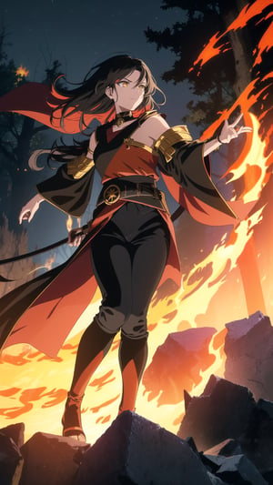 Anime-style Image of A Powerful 25-Year-Old Greek Female Fire Mage, (Messy Shoulder-length Black Hair:1.4), (Yellow Eyes), (Fair Skin), (Wearing Red and Black Ornated Robe and Black Tight Pants:1.4), (Fiery Forest at Night:1.4), (Raising her Arm, Casting a Fire Spell:1.4), (Waist-Up Shot:1.4), (View From Front:1.2), Realistic Lighting, Intricate Face Detail, Intricate Hand Details, Vibrant Colors, Highly Detailed, High Definition, Trending on Artstation--style raw,castlevania style