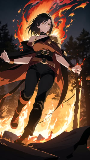 Anime-style Image of A Powerful 25-Year-Old Greek Female Fire Mage, (Messy Shoulder-length Black Hair:1.4), (Yellow Eyes), (Fair Skin), (Wearing Red and Black Ornated Robe and Black Tight Pants:1.4), (Fiery Forest at Night:1.4), (Casting a Fire Spell:1.4), (Waist-Up Shot:1.4), (View From Front:1.2), Realistic Lighting, Intricate Face Detail, Intricate Hand Details, Vibrant Colors, Highly Detailed, High Definition, Trending on Artstation--style raw,castlevania style