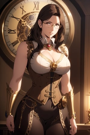 (Masterpiece, Best Quality), (A Gorgeous 25-Year-Old British Female Clock Mechanic), (Short Wavy Black Hair:1.2), (Golden Brown Eyes with Glasses), (Fair Skin), (Wearing Sleeveless Brown and Gold Steampunk-style Outfit with Glasses and Corsets, with Ornate Golden Gears and Clocks:1.4), (Steampunk Workshop:1.2), (Walking Pose:1.2), Centered, (Half Body Shot:1.4), (From Front Shot:1.4), Insane Details, Intricate Face Detail, Intricate Hand Details, Cinematic Shot and Lighting, Realistic and Vibrant Colors, Sharp Focus, Ultra Detailed, Realistic Images, Depth of Field, Incredibly Realistic Environment and Scene, Master Composition and Cinematography, castlevania style,castlevania style