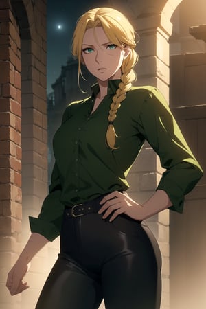 (Masterpiece, Best Quality), (A Resilient 25-Year-Old British Female Hunter), (Blonde Hair in a Singular Braid:1.4), (Observant Green Eyes), (Fair Skin), (Wearing Loose-buttoned Dark Green Shirt and Black Tight Pants:1.4), (Outback Wilderness at Night:1.2), (Hands on Hips Pose:1.2), Centered, (Half Body Shot:1.4), (From Front Shot:1.4), Insane Details, Intricate Face Detail, Intricate Hand Details, Cinematic Shot and Lighting, Realistic and Vibrant Colors, Sharp Focus, Ultra Detailed, Realistic Images, Depth of Field, Incredibly Realistic Environment and Scene, Master Composition and Cinematography,castlevania style