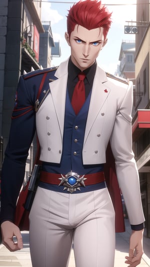 Anime-Style Image of A Handsome 25-Year-Old British Male Vampire Slayer, (Spiky Short Red Hair), (Pale Skin), (Blue Eyes), (Wearing White and Blue Tactical Assassin Outfit), (Modern City Road at Noon), (Walking Pose), (Waist Up Shot), (View From Front), Realistic Lighting, Intricate Face Detail, Intricate Hand Details, Vibrant Colors, Highly Detailed, High Definition, Trending on Artstation--style raw,arcane style