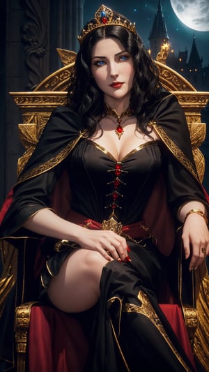 Photorealistic Image of A Stern 30-Year-Old British Female Vampire Heiress, (Wavy Short Black Hair adorned with Diadem:1.2), (Pale Skin), (Blue Eyes), (Wearing Black and Red Aristocratic Attire with Golden Accent:1.2), (Castle Hall with Moonlight Glow:1.2), (Sitting Elegantly on Throne Pose:1.4), (Waist-Up Shot), (View From Front:1.2), Realistic Lighting, Intricate Face Detail, Intricate Hand Details, Vibrant Colors, Highly Detailed, High Definition, Trending on Artstation--style raw,castlevania style