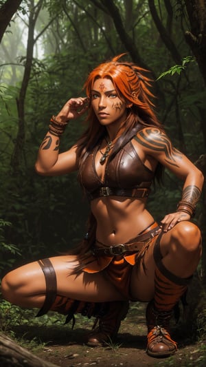 Photorealistic Image of An Energetic 25-Year-Old Native American Female Werewolf Tracker, (Unkempt Dark Orange Hair), (Bright Orange Eyes:1.2), (Tanned Skin with Tribal Tattoos), (Wearing Brown Tracker's Leather Attire:1.2), (Hunting Grounds in the Wild:1.2), (Crouching Pose:1.4), (Full Body Shot), (View From Front:1.2), Realistic Lighting, Intricate Face Detail, Intricate Hand Details, Vibrant Colors, Highly Detailed, High Definition, Trending on Artstation--style raw,castlevania style