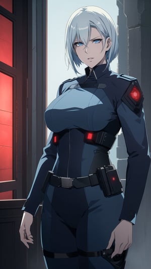 Anime-style Image of An Enigmatic 30-Year-Old Female Vampire Hitwoman, (Light Blue Wolfcut Hair:1.4), (Sharp Blue Eyes), (Pale Skin:1.2), (Serious Looking), (Wearing Navy Blue Tactical Infiltration Suit with Tech Gadgets:1.2), (Red Castle Hall at Night:1.2), (Standing Pose:1.2), (Waist-Up Shot:1.2), (View From Front:1.2), Realistic Lighting, Intricate Face Detail, Intricate Hand Details, Vibrant Colors, Highly Detailed, High Definition, Trending on Artstation--style raw,castlevania style