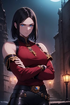 (Masterpiece, Best Quality), (A Resilient 25-Year-Old British Female Mercenary), (Shoulder-length Wolfcut Black Hair:1.4), (Observant Blue Eyes), (Fair Skin), (Wearing Loose-buttoned Crimson Red Shirt and Black Tight Pants:1.4), (Moonlit City Road at Night:1.2), (Crossed Arms Pose:1.4), Centered, (Waist-up Shot:1.4), (From Front Shot:1.2), Insane Details, Intricate Face Detail, Intricate Hand Details, Cinematic Shot and Lighting, Realistic and Vibrant Colors, Sharp Focus,  Incredibly Realistic Environment and Scene, Master Composition and Cinematography, castlevania style,castlevania style