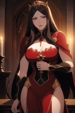 (Masterpiece, Best Quality),  (A Regal 30-Year-Old Looking Female Vampire Queen), (Flowing Ebony Hair:1.2), (Bright Red Eyes), (Pallid and Alluring Skin), (Wearing Queenly Red Vampire Gown:1.2), (Dark Castle Altar:1.2), (Standing Pose:1.4), Centered, (Half Body Shot:1.4), (From Front Shot:1.4), Insane Details, Intricate Face Detail, Intricate Hand Details, Cinematic Shot and Lighting, Realistic and Vibrant Colors, Sharp Focus, Ultra Detailed, Realistic Images, Depth of Field, Incredibly Realistic Environment and Scene, Master Composition and Cinematography,castlevania style