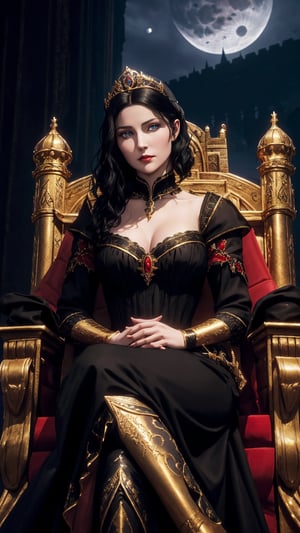 Photorealistic Image of A Stern 30-Year-Old British Female Vampire Heiress, (Wavy Short Black Hair adorned with Diadem:1.2), (Pale Skin), (Blue Eyes), (Wearing Black and Red Aristocratic Attire with Golden Accent:1.2), (Castle Hall with Moonlight Glow:1.2), (Sitting Elegantly on Throne Pose:1.4), (Waist-Up Shot), (View From Front:1.2), Realistic Lighting, Intricate Face Detail, Intricate Hand Details, Vibrant Colors, Highly Detailed, High Definition, Trending on Artstation--style raw,castlevania style