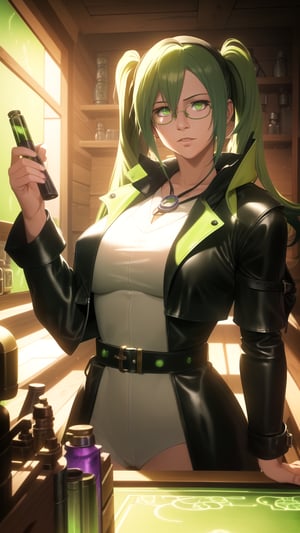 Anime-Style Image of A Passionate 25-Year-Old Female Alchemist, (High Twintail Lime Green Hair:1.4), (Dark Green Eyes), (Fair Skin), (Wearing Medieval Alchemist's Black Leather Coat with Glasses:1.4), (Alchemy Lab Room, Full of Chemicals:1.2), (Holding a Reaction Tube Pose), (Waist Up Shot), (View From Front), Realistic Lighting, Intricate Face Detail, Intricate Hand Details, Vibrant Colors, Highly Detailed, High Definition, Trending on Artstation--style raw,arcane style