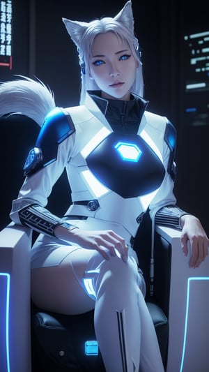 Photorealistic Image of A Cunning 27-Year-Old Japanese Female Kitsune Hacker, (Silver Fox Ears and Tail:1.2), (Glowing Blue Eyes), (Pale Skin), (Tech-Infused White-and-Blue Hacker Outfit:1.2), (Cyberpunk Tech Base:1.2), (Sitting on Chair Pose:1.4), (Waist-Up Shot), (View From Front:1.2), Realistic Lighting, Intricate Face Detail, Intricate Hand Details, Vibrant Colors, Highly Detailed, High Definition, Trending on Artstation--style raw,castlevania style