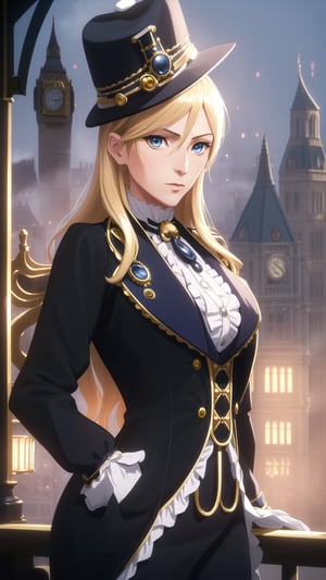 Anime-Style Image of An Elegant 28-Year-Old British Female Detective, (Long Wavy Blonde Hair), (Sapphire Blue Eyes with Monocle:1.2), (Fair Skin), (Dressed in Black and Yellow Victorian Detective Garb with Hat:1.4), (Foggy London Streets:1.2), (Elegant Pose:1.2), (Waist Up Shot), (View From Front), Realistic Lighting, Intricate Face Detail, Intricate Hand Details, Vibrant Colors, Highly Detailed, High Definition, Trending on Artstation--style raw,arcane style