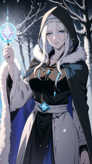 Anime-style Image of A Gorgeous 40-Year-Old Female Glacial Mage, (Unkempt White Hair), (Icy Blue Eyes:1.2), (Pale Skin), (Blue and Black Hooded Robe with Fur Cloak:1.4), (Mystical Snowy Forest at Night:1.2), (Casting a Spell from her Hand:1.4), (Waist-Up Shot), (View From Front:1.2), Realistic Lighting, Intricate Face Detail, Intricate Hand Details, Vibrant Colors, Highly Detailed, High Definition, Trending on Artstation--style raw,castlevania style