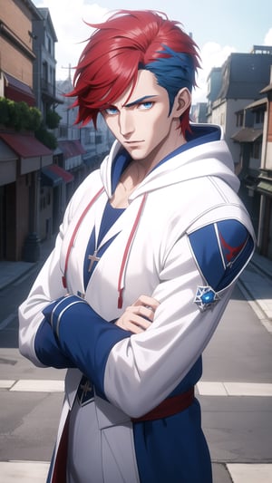 Anime-Style Image of A Handsome 25-Year-Old British Male Vampire Slayer, (Messy Short Red Hair), (Pale Skin), (Blue Eyes), (Wearing White and Blue Hooded Assassin Outfit:1.4), (Modern City Road at Noon), (Crossed Arms Pose:1.2), (Waist Up Shot), (View From Front), Realistic Lighting, Intricate Face Detail, Intricate Hand Details, Vibrant Colors, Highly Detailed, High Definition, Trending on Artstation--style raw,arcane style