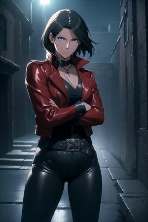 (A Gorgeous 25-Year-Old British Female Mercenary), (Wavy Bobcut Black Hair), (Pale Skin), (Sapphire Blue Eyes), (Wearing Red Leather Jacket, Black V-Neck Undershirt, and Black Tight Pants:1.4), (Moonlit City Road at Night), (Crossed Arms Pose:1.4), Centered, (Waist-up Shot:1.4), (From Front Shot:1.2), Insane Details, Intricate Face Detail, Intricate Hand Details, Cinematic Shot and Lighting, Realistic and Vibrant Colors, Masterpiece, Sharp Focus, Ultra Detailed, Taken with DSLR Camera, Realistic Photography, Depth of Field, Incredibly Realistic Environment and Scene, Master Composition and Cinematography, castlevania style,castlevania style