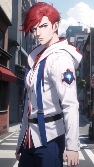 Anime-Style Image of A Handsome 25-Year-Old British Male Vampire Slayer, (Messy Short Red Hair:1.2), (Pale Skin), (Blue Eyes), (Wearing White and Blue Hooded Assassin Outfit:1.2), (Modern City Road at Noon), (Walking Pose:1.2), (Waist Up Shot), (View From Front), Realistic Lighting, Intricate Face Detail, Intricate Hand Details, Vibrant Colors, Highly Detailed, High Definition, Trending on Artstation--style raw,arcane style