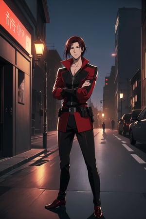(Masterpiece, Best Quality), (A Skillful 25-Year-Old Japanese Male Secret Agent), (Wavy Short Crimson Hair:1.2), (Pale Skin), (Brown Eyes), (Wearing Black and Red Sleek Tactical Outfit:1.4), (Modern City Road at Night:1.4), (Crossed Arms Pose:1.4), Centered, (Half Body Shot:1.4), (From Front Shot:1.4), Insane Details, Intricate Face Detail, Intricate Hand Details, Cinematic Shot and Lighting, Realistic and Vibrant Colors, Sharp Focus, Ultra Detailed, Realistic Images, Depth of Field, Incredibly Realistic Environment and Scene, Master Composition and Cinematography, castlevania style,castlevania style