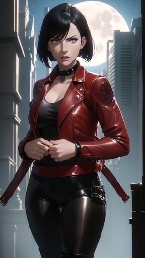 Anime-Style Image of A Gorgeous 25 Years Old British Female Vampire Mercenary, (Unkempt Bobcut Black Hair), (Pale Skin), (Blue Eyes), (Serious Face),  (Wearing Red Leather Jacket, Black V-Neck Inner Shirt, and Black Tight Pants:1.4), (Moonlit City Buildings at Night), (Dynamic Pose), (Waist Up Shot), (View From Front), Realistic Lighting, Intricate Face Detail, Intricate Hand Details, Vibrant Colors, Highly Detailed, High Definition, Trending on Artstation--style raw,arcane style