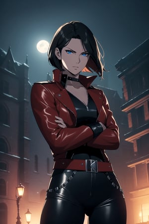 (A Gorgeous 25-Year-Old British Female Mercenary), (Wavy Bobcut Black Hair), (Pale Skin:1.2), (Sapphire Blue Eyes), (Wearing Red Leather Jacket, Black V-Neck Undershirt, and Black Tight Pants:1.4), (Moonlit City Road at Night), (Crossed Arms Pose:1.4), Centered, (Waist-up Shot:1.4), (From Front Shot:1.2), Insane Details, Intricate Face Detail, Intricate Hand Details, Cinematic Shot and Lighting, Realistic and Vibrant Colors, Masterpiece, Sharp Focus, Ultra Detailed, Taken with DSLR Camera, Realistic Photography, Depth of Field, Incredibly Realistic Environment and Scene, Master Composition and Cinematography, castlevania style,castlevania style