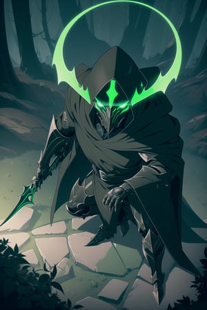 (Masterpiece, Best Quality), (Grim Reaper in Warframe Style Armor), (Masculine Appearance:1.4), (Muscular Frame Build:1.2), (Glowing Green Eyes), (Wearing Green and Black Grim Reaper-Themed Armored Robe, Black Hood, and Black Flowing Cloak:1.4), (Wielding a Green-Glowing Scythe:1.4) (Foggy Forest at Night:1.4), (Action Pose:1.4), Centered, (Half Body Shot:1.4), (From Front Shot:1.2), Insane Details, Intricate Face Detail, Intricate Hand Details, Cinematic Shot and Lighting, Realistic and Vibrant Colors, Sharp Focus, Ultra Detailed, Realistic Images, Depth of Field, Incredibly Realistic Environment and Scene, Master Composition and Cinematography, castlevania style,castlevania style,WARFRAME