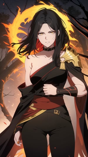 Anime-style Image of A Powerful 25-Year-Old Greek Female Fire Mage, (Messy Shoulder-length Black Hair:1.4), (Yellow Eyes), (Fair Skin), (Wearing Red and Black Ornated Robe and Black Tight Pants:1.4), (Fiery Forest at Night:1.4), (Standing Pose:1.2), (Waist-Up Shot:1.2), (View From Front:1.2), Realistic Lighting, Intricate Face Detail, Intricate Hand Details, Vibrant Colors, Highly Detailed, High Definition, Trending on Artstation--style raw,castlevania style