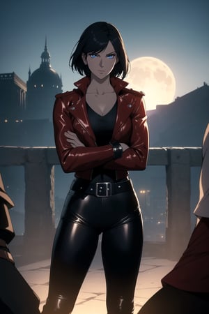 (A Gorgeous 25-Year-Old British Female Mercenary), (Wavy Bobcut Black Hair), (Pale Skin), (Sapphire Blue Eyes), (Wearing Red Leather Jacket, Black V-Neck Undershirt, and Black Tight Pants:1.4), (Moonlit City Road at Night), (Crossed Arms Pose:1.4), Centered, (Waist-up Shot:1.4), (From Front Shot:1.2), Insane Details, Intricate Face Detail, Intricate Hand Details, Cinematic Shot and Lighting, Realistic and Vibrant Colors, Masterpiece, Sharp Focus, Ultra Detailed, Realistic Drawing, Depth of Field, Incredibly Realistic Environment and Scene, Master Composition and Cinematography, castlevania style,castlevania style