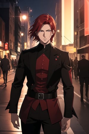 (Masterpiece, Best Quality), (A Skillful 25-Year-Old Japanese Male Secret Agent), (Wavy Short Crimson Hair:1.4), (Pale Skin), (Dark Brown Eyes), (Wearing Black and Red Sleek Tactical Outfit:1.4), (Modern City Road at Night:1.4), (Dynamic Pose:1.2), Centered, (Half Body Shot:1.4), (From Front Shot:1.4), Insane Details, Intricate Face Detail, Intricate Hand Details, Cinematic Shot and Lighting, Realistic and Vibrant Colors, Sharp Focus, Ultra Detailed, Realistic Images, Depth of Field, Incredibly Realistic Environment and Scene, Master Composition and Cinematography, castlevania style,castlevania style