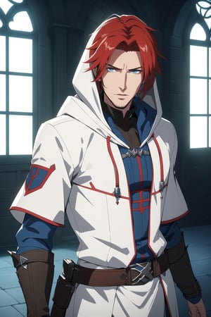 (Masterpiece, Best Quality), (A Handsome 25-Year-Old British Male Werewolf Hunter), (Spiky Short Red Hair:1.2), (Pale Skin), (Blue Eyes), (Wearing White and Blue Tactical Assassin Outfit with Hood:1.4), (Modern City Road at Noon:1.2), (Standing Pose:1.4), Centered, (Half Body Shot:1.4), (From Front Shot:1.4), Insane Details, Intricate Face Detail, Intricate Hand Details, Cinematic Shot and Lighting, Realistic and Vibrant Colors, Sharp Focus, Ultra Detailed, Realistic Images, Depth of Field, Incredibly Realistic Environment and Scene, Master Composition and Cinematography, castlevania style,castlevania style