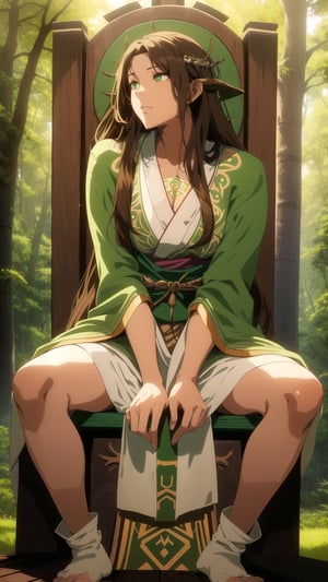 Anime-style Image of A Gorgeous 25 Years Old Female Forest Shaman, (Messy Long Brunette Hair:1.2), (Tanned Skin:1.2), (Green Eyes), (Wearing Green and Brown Forest Shaman Robe:1.4), (Pine Forest at Noon:1.2), (Sitting on Wooden Throne:1.4), (Waist-Up Shot), (View From Front:1.2), Realistic Lighting, Intricate Face Detail, Intricate Hand Details, Vibrant Colors, Highly Detailed, High Definition, Trending on Artstation--style raw,castlevania style