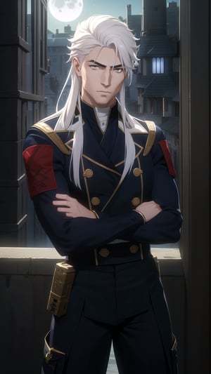 Anime-Style Image of A Handsome 25-Year-Old British Male Mercenary, (Long Flowing White Hair), (Athletic and Muscular Build:1.2), (Pale Skin), (Crimson Eyes), (Wearing Navy Blue Tactical Attire and Black Long Pants:1.4), (Moonlit City Road at Night:1.2), (Crossed Arms Pose:1.4), (Waist Up Shot), (View From Front), Realistic Lighting, Intricate Face Detail, Intricate Hand Details, Vibrant Colors, Highly Detailed, High Definition, Trending on Artstation--style raw,arcane style