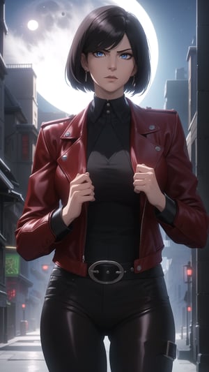 Anime-Style Image of A Gorgeous 25 Years Old British Female Vampire Mercenary, (Unkempt Bobcut Black Hair), (Pale Skin), (Blue Eyes), (Serious Face), (Wearing Red Leather Jacket, Black V-Neck Inner Shirt, and Black Tight Pants), (Moonlit City Buildings at Night), (Wearing a Jacket while Walking Pose), (Waist Up Shot), (View From Front), Realistic Lighting, Intricate Face Detail, Intricate Hand Details, Vibrant Colors, Highly Detailed, High Definition, Trending on Artstation--style raw,arcane style