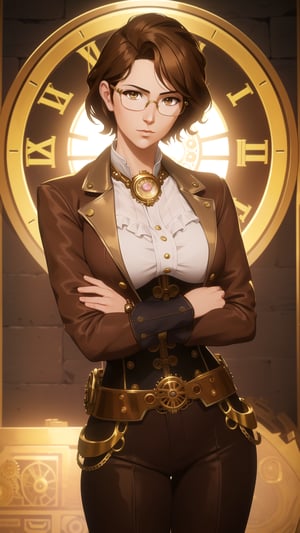 Anime-Style Image of A Gorgeous 25-Year-Old British Female Clock Mechanic, (Short Wavy Brunette Hair), (Golden Brown Eyes), (Fair Skin), (Wearing Brown and Gold Steampunk-style Outfit with Glasses and Corsets, with Ornate Golden Gears and Clocks), (Steampunk Workshop Interior), (Crossed Arms Pose:1.2), (Waist Up Shot), (View From Front), Realistic Lighting, Intricate Face Detail, Intricate Hand Details, Vibrant Colors, Highly Detailed, High Definition, Trending on Artstation--style raw,arcane style