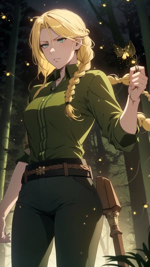 Anime-style Image of A Resilient 25-Year-Old British Female Hunter, (Blonde Hair in a Single Braid:1.4), (Serious Face), (Dark Green Eyes), (Fair Skin), (Wearing Loose-buttoned Dark Green Shirt and Black Tight Pants:1.4), (Pine Forest at Night with Fireflies:1.4), (Holding a Spear:1.2), (Waist-Up Shot:1.2), (View From Front:1.2), Realistic Lighting, Intricate Face Detail, Intricate Hand Details, Vibrant Colors, Highly Detailed, High Definition, Trending on Artstation--style raw,castlevania style