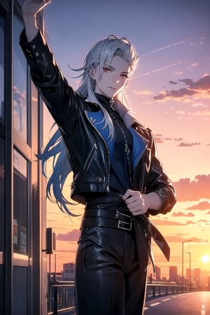 (One Person), (Ultra Realistic Image of a Handsome 25 Years Old British Male Vampire), (Long Flowing Silver Hair:1.2), (Pale Skin:1.6), (Dark Red Eyes), (Wearing Blue Leather Long Jacket and Black Long Pants:1.4), (Dynamic Pose:1.4), (City Road at Evening with Sunset:1.6), Centered, (Waist-up Shot:1.4), From Front Shot, Insane Details, Intricate Face Detail, Intricate Hand Details, Cinematic Shot and Lighting, Realistic and Vibrant Colors, Masterpiece, Sharp Focus, Ultra Detailed, Taken with DSLR camera, Realistic Photography, Depth of Field, Incredibly Realistic Environment and Scene, Master Composition and Cinematography,neuvillette