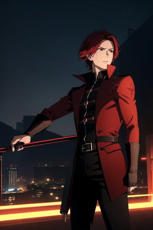 (Masterpiece, Best Quality), (A Skillful 25-Year-Old Japanese Male Secret Agent), (Wavy Short Crimson Hair:1.4), (Pale Skin), (Dark Brown Eyes), (Wearing Black and Red Sleek Tactical Outfit:1.4), (Modern City Road at Night:1.4), (Dynamic Pose:1.2), Centered, (Half Body Shot:1.4), (From Front Shot:1.4), Insane Details, Intricate Face Detail, Intricate Hand Details, Cinematic Shot and Lighting, Realistic and Vibrant Colors, Sharp Focus, Ultra Detailed, Realistic Images, Depth of Field, Incredibly Realistic Environment and Scene, Master Composition and Cinematography, castlevania style,castlevania style