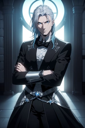 (Masterpiece, Best Quality),  (A Muscular 30-Year-Old Slavic Male Vampire Warrior), (Tousled Icy Blue Hair:1.2), (Pale Skin), (Sharp Blue Eyes), (Wearing Black Formal Attire with Silver Accent:1.4), (Dark Castle Hall at Night:1.4), (Crossed Arms Pose:1.4), Centered, (Half Body Shot:1.4), (From Front Shot:1.4), Insane Details, Intricate Face Detail, Intricate Hand Details, Cinematic Shot and Lighting, Realistic and Vibrant Colors, Sharp Focus, Ultra Detailed, Realistic Images, Depth of Field, Incredibly Realistic Environment and Scene, Master Composition and Cinematography,castlevania style
