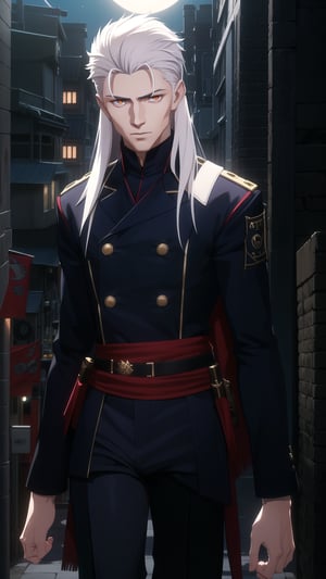 Anime-Style Image of A Handsome 25-Year-Old British Male Mercenary, (Long Flowing White Hair), (Pale Skin), (Crimson Eyes), (Wearing Navy Blue Tactical Attire and Black Long Pants:1.4), (Moonlit City Road at Night:1.2), (Walking Pose:1.4), (Waist Up Shot), (View From Front), Realistic Lighting, Intricate Face Detail, Intricate Hand Details, Vibrant Colors, Highly Detailed, High Definition, Trending on Artstation--style raw,arcane style