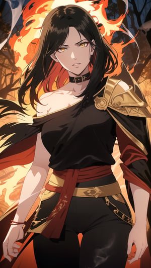 Anime-style Image of A Powerful 25-Year-Old Greek Female Fire Mage, (Messy Shoulder-length Black Hair:1.4), (Yellow Eyes), (Fair Skin), (Wearing Red and Black Ornated Robe and Black Tight Pants:1.4), (Fiery Forest full of Smoke:1.4), (Walking Pose:1.2), (Waist-Up Shot:1.2), (View From Front:1.2), Realistic Lighting, Intricate Face Detail, Intricate Hand Details, Vibrant Colors, Highly Detailed, High Definition, Trending on Artstation--style raw,castlevania style